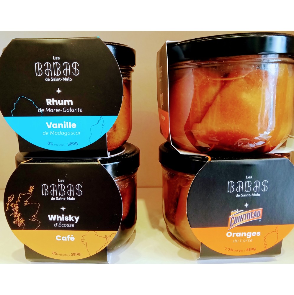 Babas au rhum St Malo (grand) 380G. 3 parfums: cointreau orange de corse, whisky d'Ecosse café, Rhume de Marie-Galante Vanille.