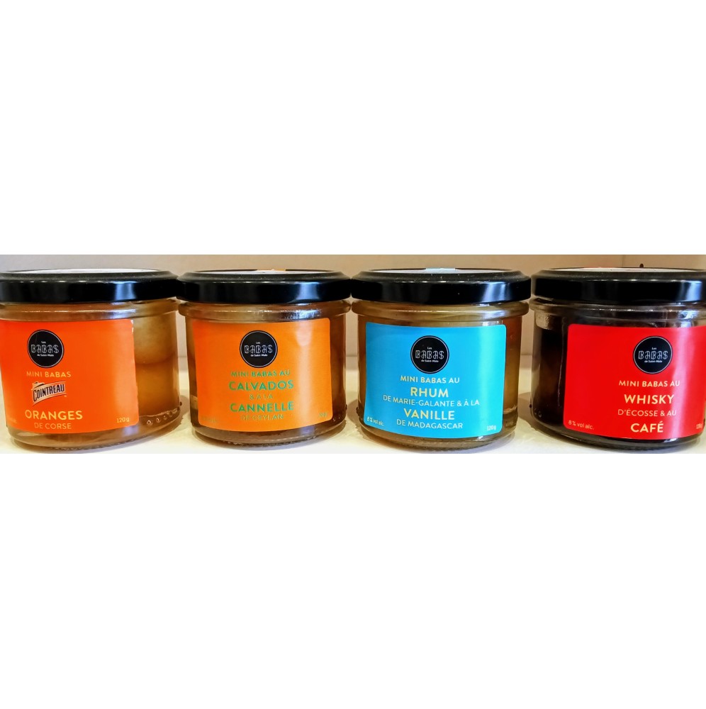 Les babas de St Malo: 4 parfums: Babas au rhum vanille, Babas au calvados cannelle, Babas whisky café, Babas cointreau oranges
